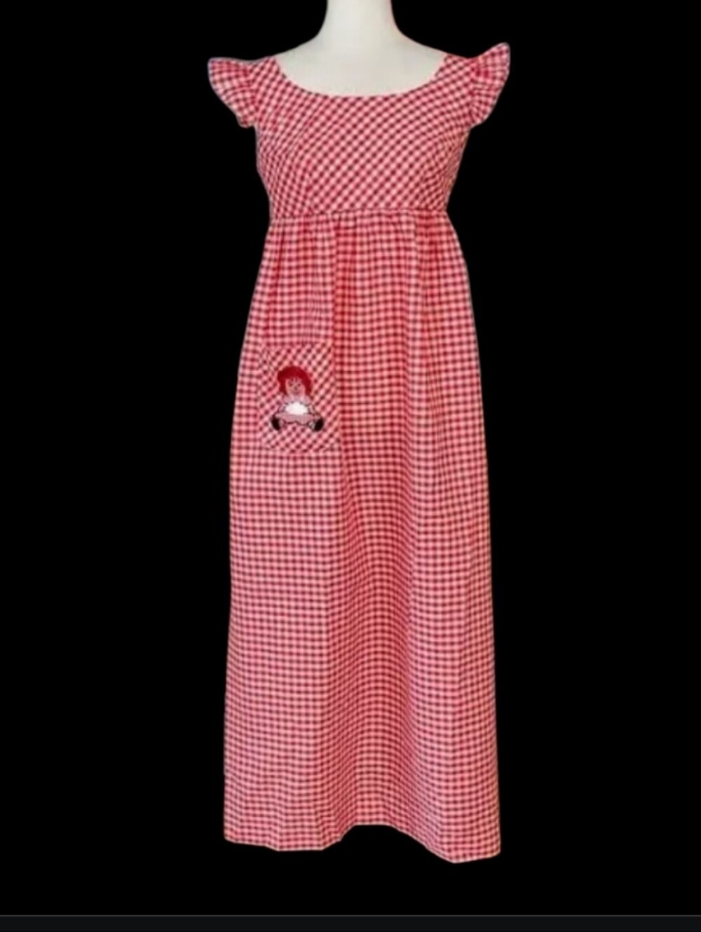 VTG Lady Lewis Raggedy Ann Dress Red White Gingham Flutter Sleeve Embroid Pocket